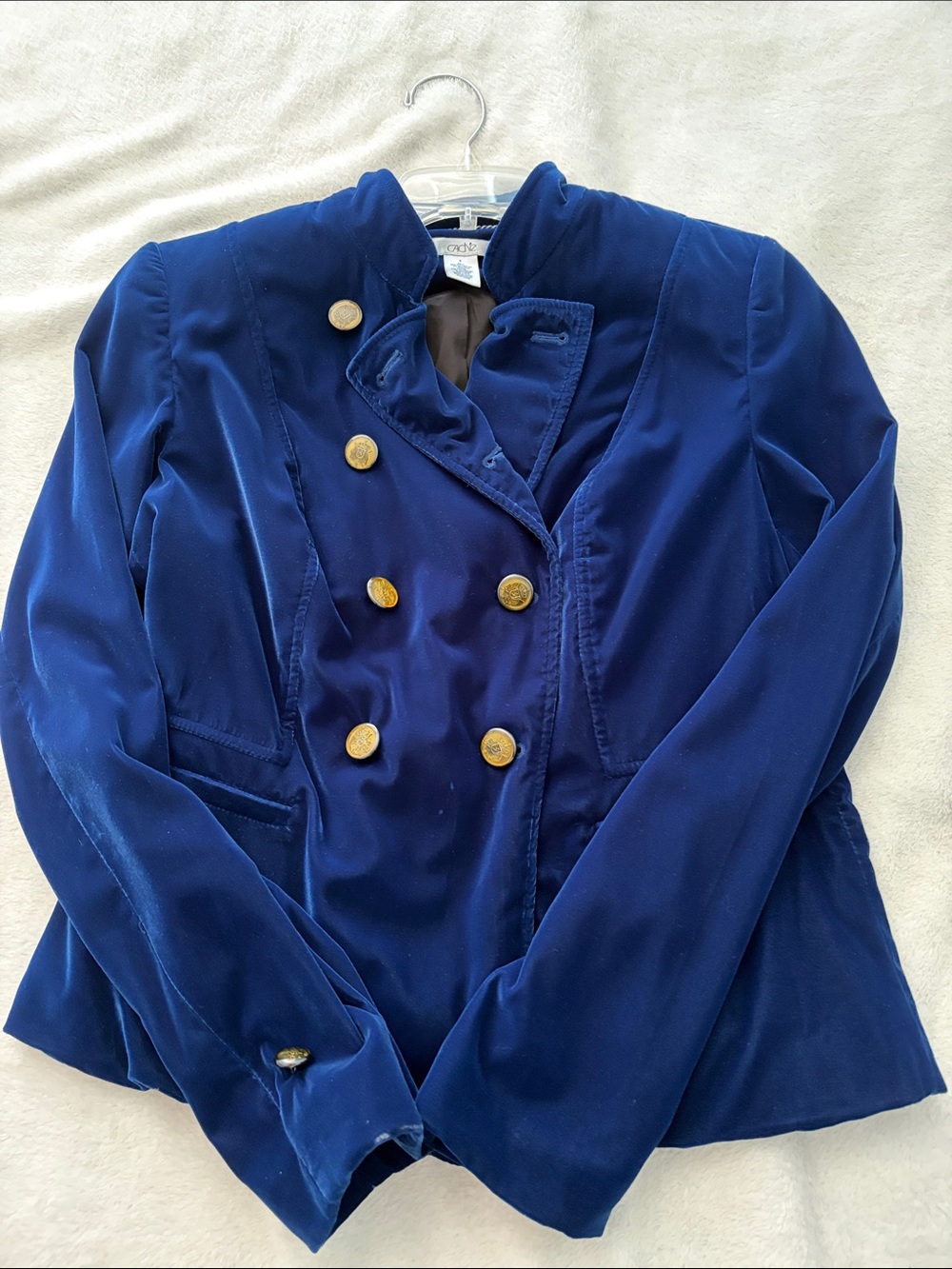 Cache Blue Velvet Double-Breasted Blazer with Gold Buttons